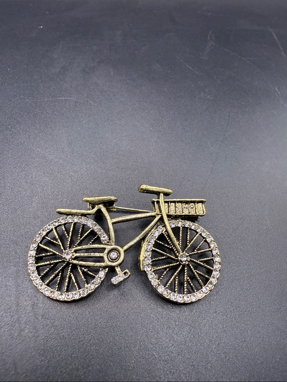 Vintage-Inspired Bicycle Brooch Pin in Antique Gold with Clear Crystals